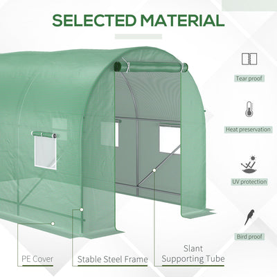 Outsunny 3.5 x 2m Walk-In Polytunnel Greenhouse, with Steel Frame, PE Cover, Roll-Up Door and 6 Windows, Green 