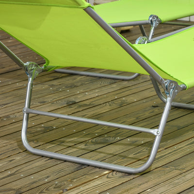 Outsunny Folding Sun Lounger Set of 2, Outdoor Day Beds with Pillow, Reclining Back, Steel Frame and Breathable Mesh for Beach, Yard, Patio, Green 
