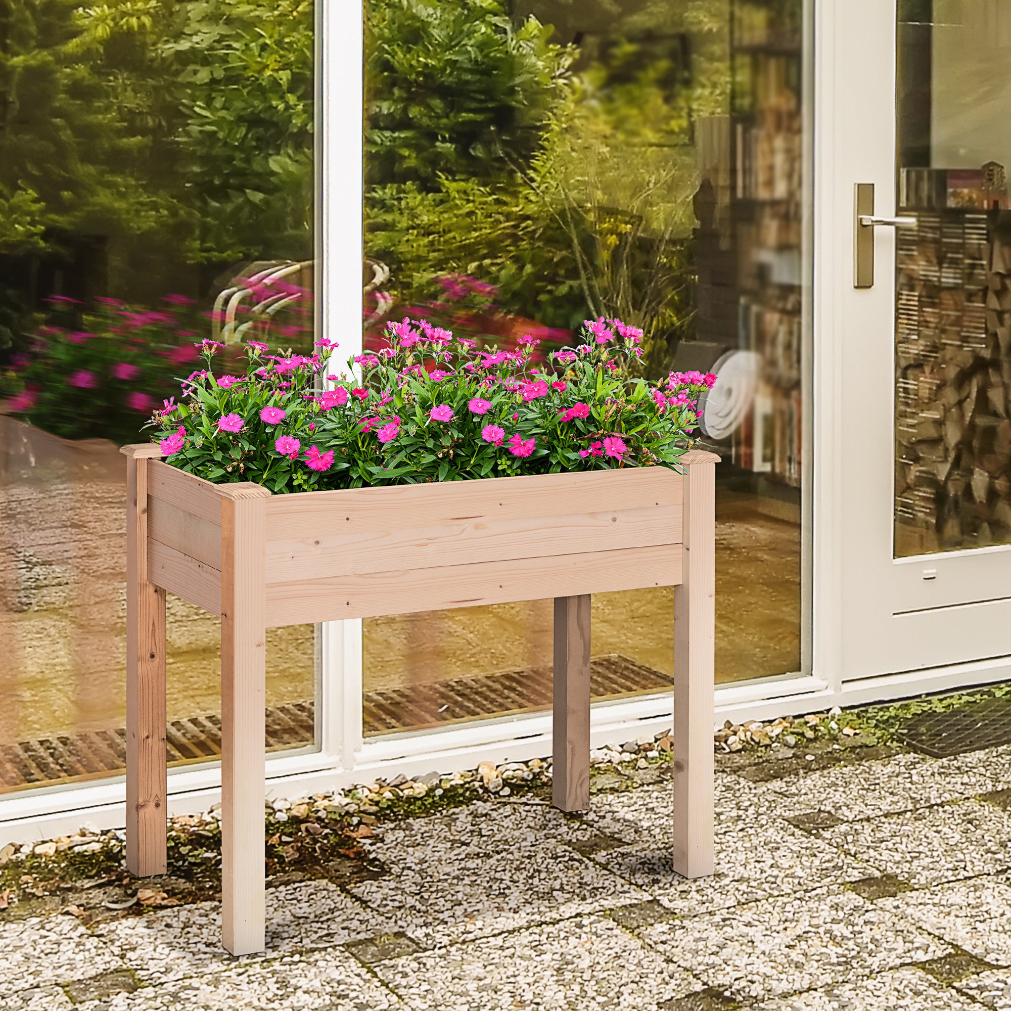 Outsunny Garden Wooden Planters， Rectangular Raised Bed,Flower Box, Fir Wood Indoor/Outdoor, Oak Tone, 86L x 46W x 76Hcm 