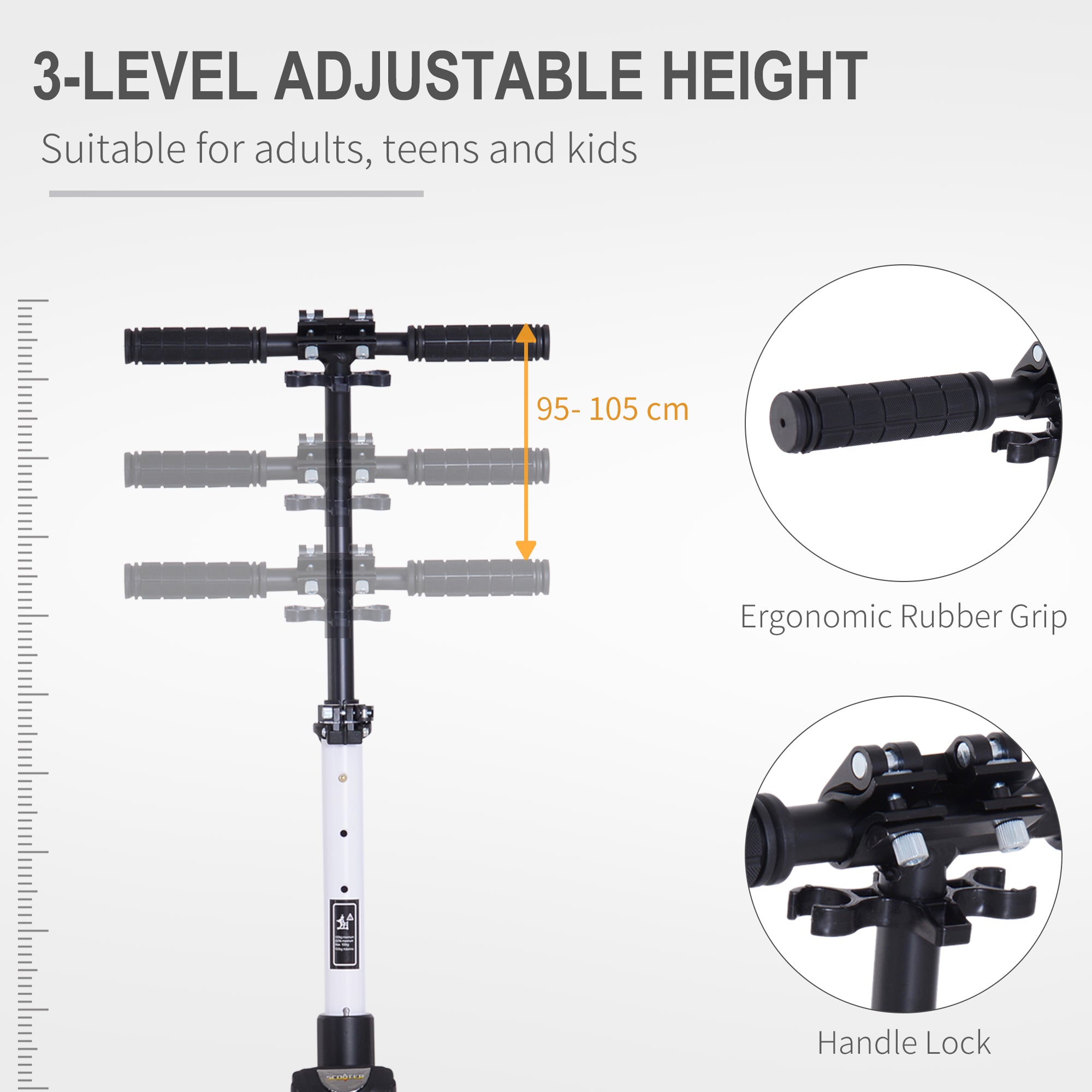 HOMCOM Folding Kick Scooter Hight-Adjustable Urban Scooter w/ Rear Brake, Double Shock Absorption System & 2 Big Wheels, For 14+ Teens Adult, White 