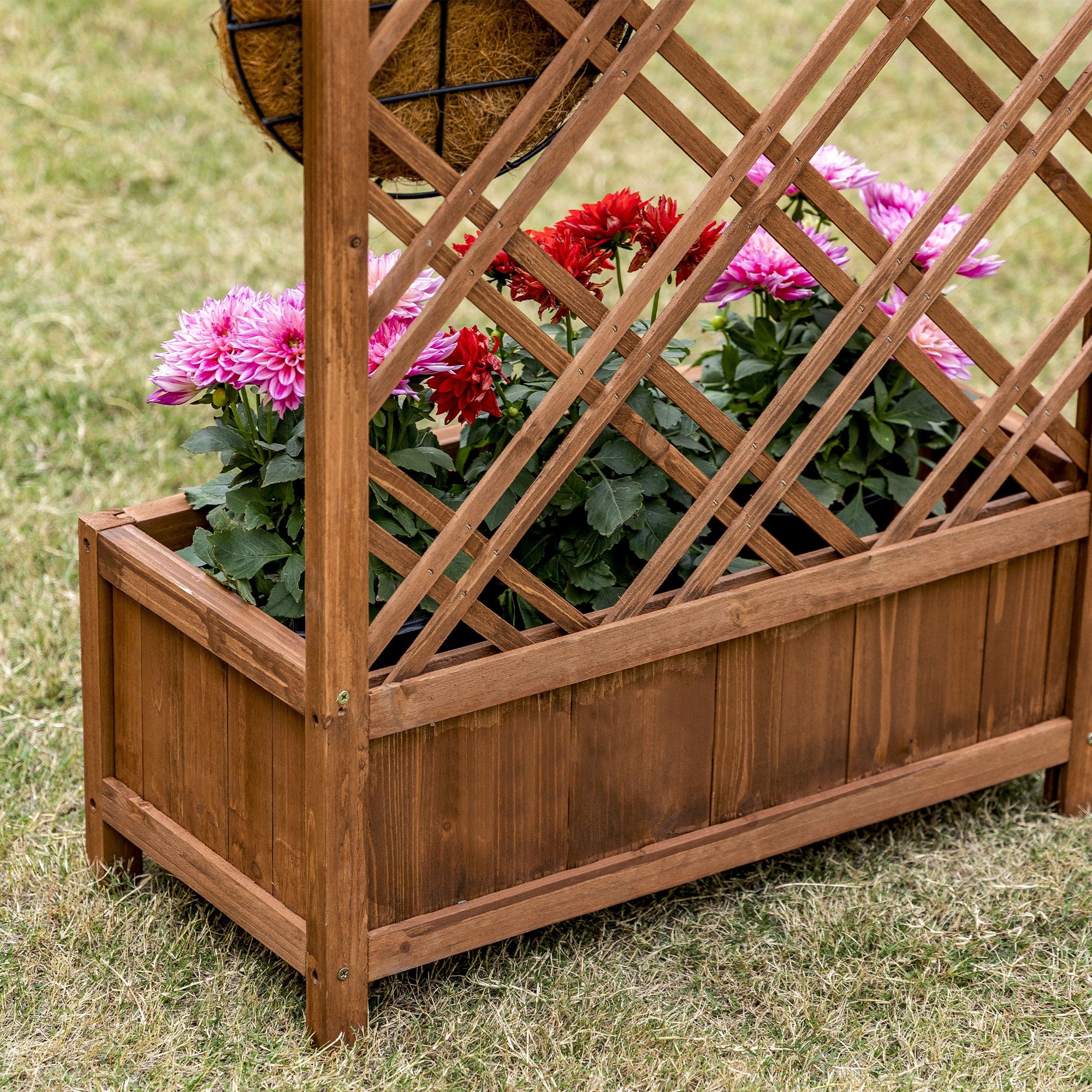 Outsunny Garden Planter with Trellis, Wooden Raised Bed for Garden with Lattice Trellis for Vegetables, Herbs and Flowers, Brown 