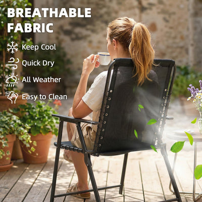 Outsunny Folding Garden Chairs Set of 2, Outdoor Dining Chairs with Wide Texteline Seat, High Back and Armrests, Black 