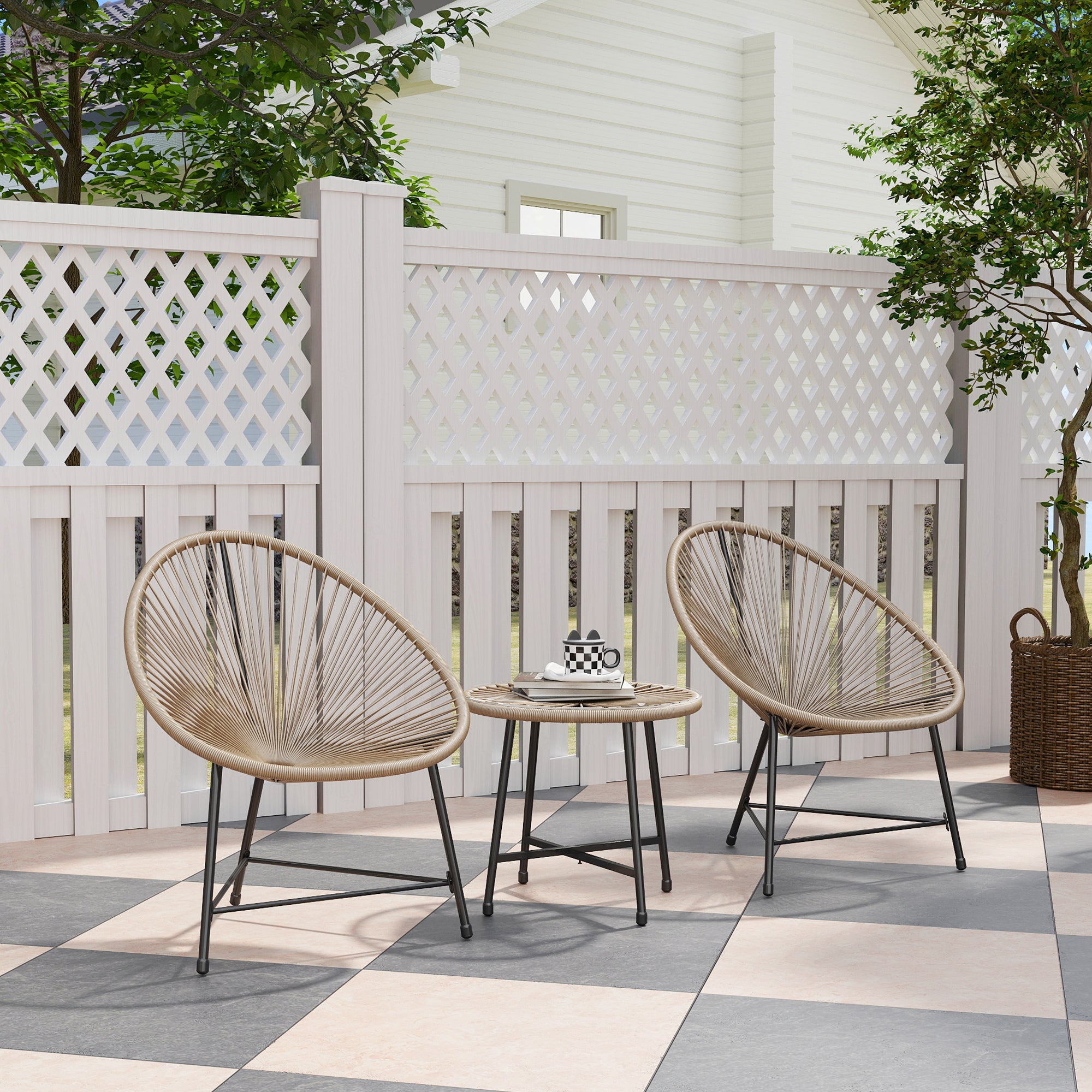 Outsunny 3 Pieces Rattan Bistro Set, Garden Bistro Set with Acapulco Chairs and Glass Top Table, Small Garden Furniture Set with Reinforced Metal Frame for Outdoor, Patio, Balcony, Natural 