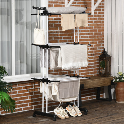 HOMCOM Foldable Clothes Drying Rack, 4-Tier Steel Garment Laundry Rack with Castors for Indoor and Outdoor Use, Black 