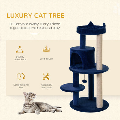 PawHut 104 cm Cat Tree, Cat Condo Tree Tower, Cat Activity Centre with Scratching Posts, Plush Perches, Hanging Ball - Blue 