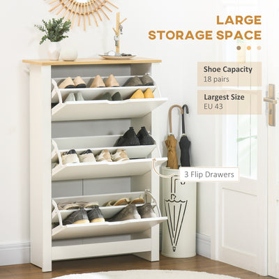HOMCOM Slim Shoe Cabinet, Narrow Shoe Cupboard with 3 Flip Drawers, Adjustable Shelves for 18 Pairs of Shoes for Hallway, White 