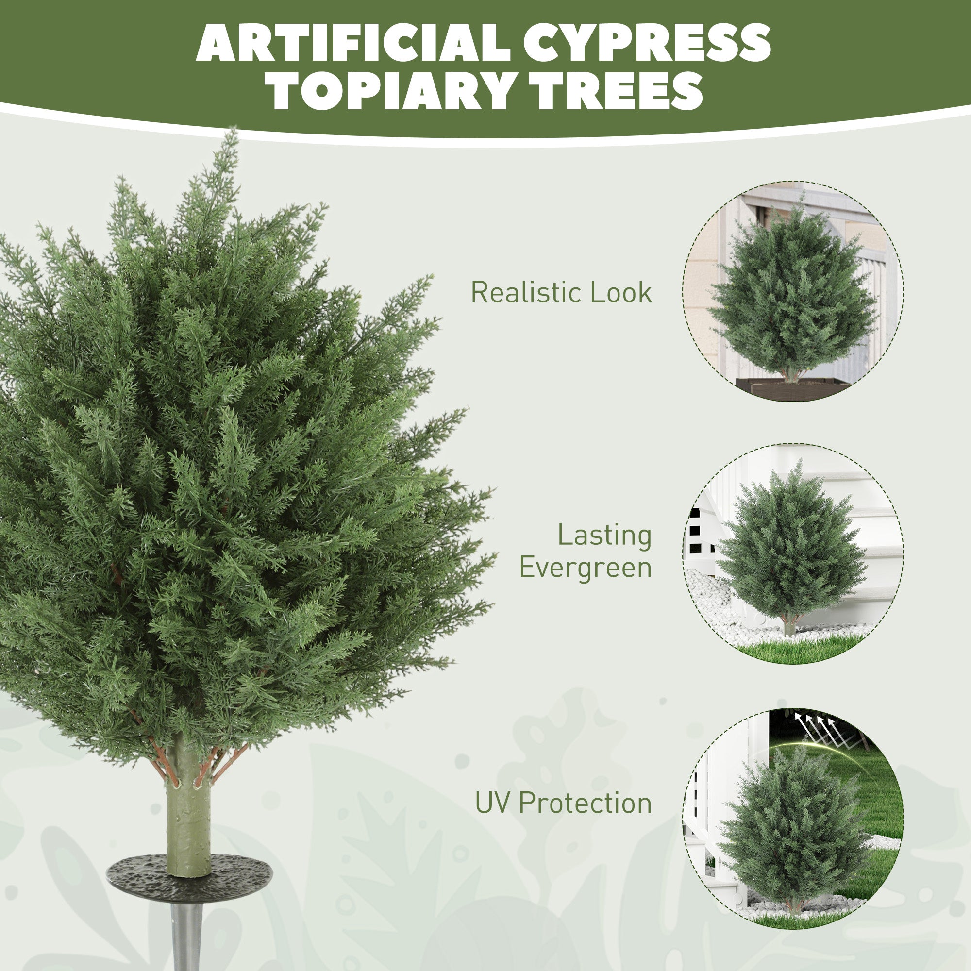 HOMCOM 60 cm Artificial Cypress Tree with Ground Stake, Set of 2 Artificial Plants for Indoor & Outdoor, UV Resistant, Green 