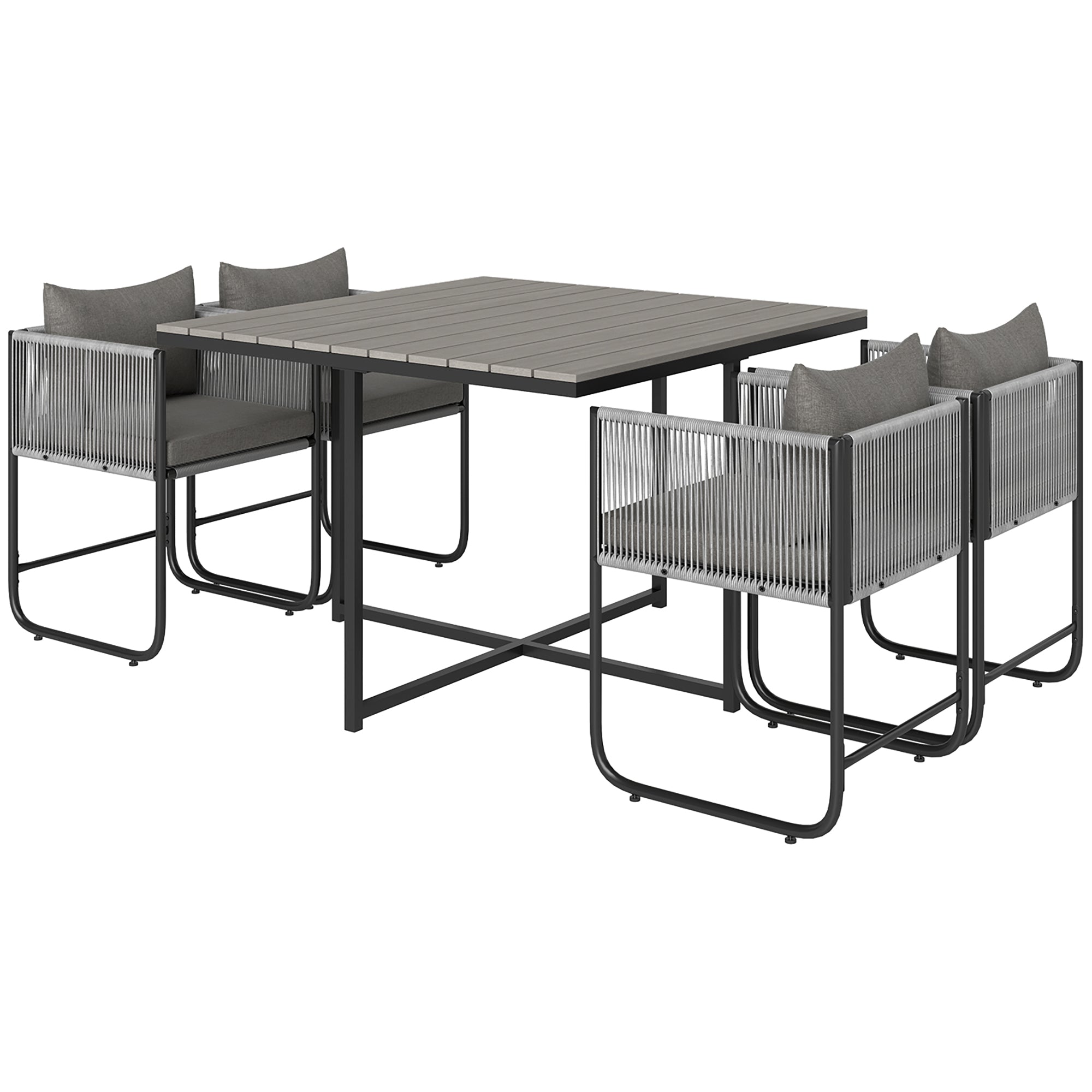 Outsunny 4 Seater Rattan Cube Garden Furniture Set, Rattan Dining Set with Cushions, Outdoor Dining Table and Chairs with Rectangular Wood Grain Plastic Top Table for Patio, Balcony, Grey 