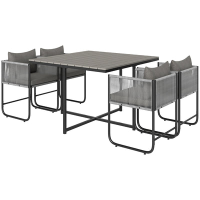 Outsunny 4 Seater Rattan Cube Garden Furniture Set, Rattan Dining Set with Cushions, Outdoor Dining Table and Chairs with Rectangular Wood Grain Plastic Top Table for Patio, Balcony, Grey 