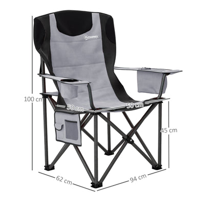 Outsunny Set of 2 Folding Camping Chairs, Padded Camping Chairs with Adjustable Armrests, Portable & Lightweight Folding Camp Chair with Cooler Bag, Cup Holder and Side Pockets, Grey 