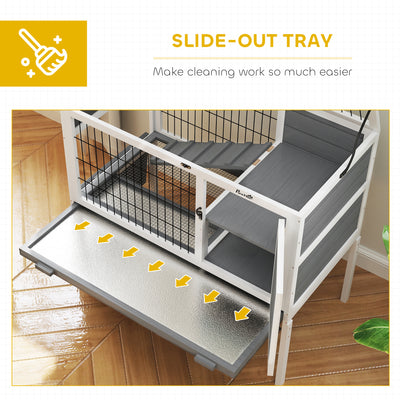 PawHut Wooden Rabbit Hutch, Guinea Pig Cage, with Removable Tray, Openable Roof, Grey 