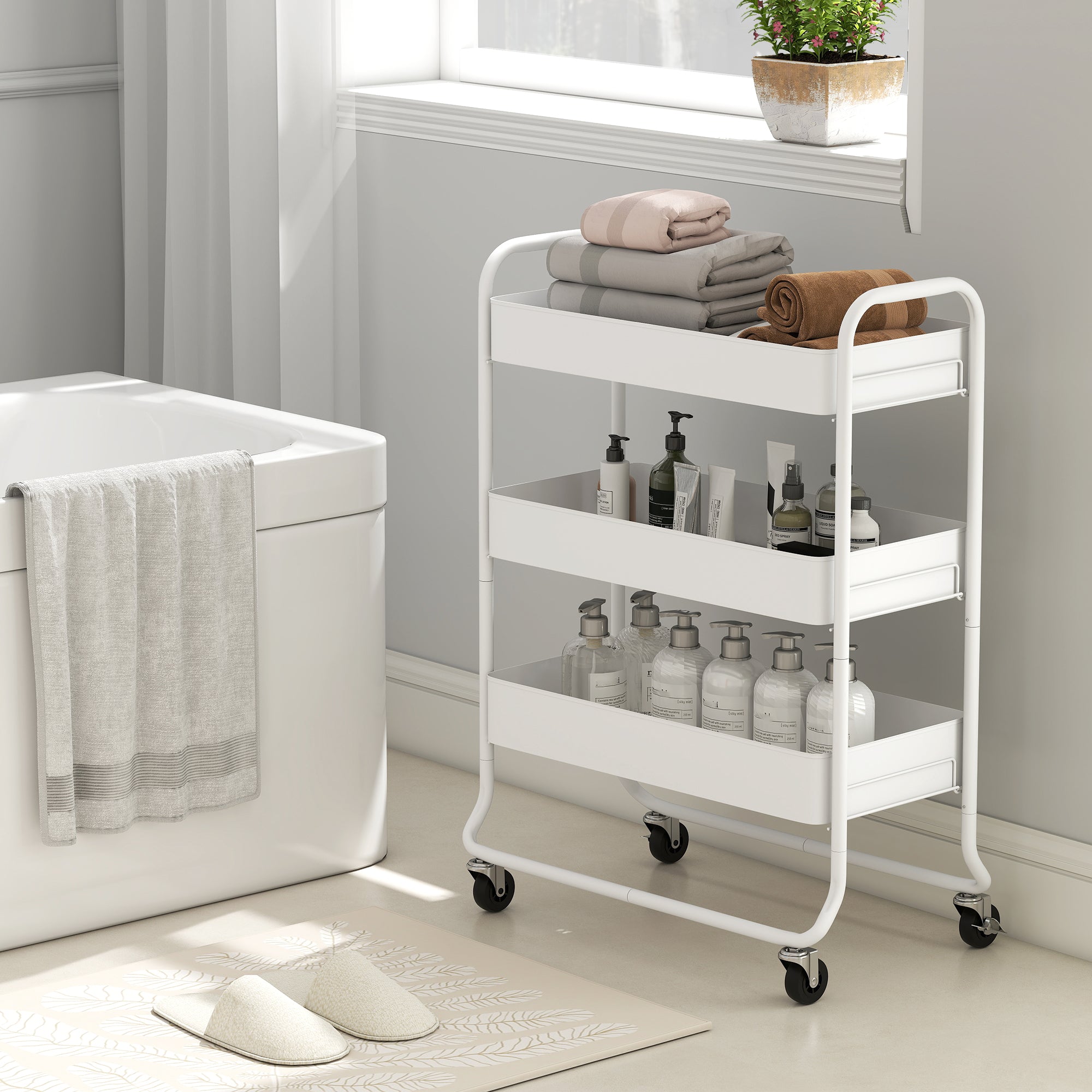 HOMCOM 3-Tier Storage Trolley on Wheels, Rolling Utility Cart with Mesh Backets for Kitchen, Bathroom, Bedroom, White 