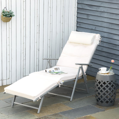 Outsunny Sun Lounger Steel Frame Outdoor Folding Chaise Texteline Lounge Chair Recliner with Headrest & 7 Levels Adjustable Backrest, Cream White 