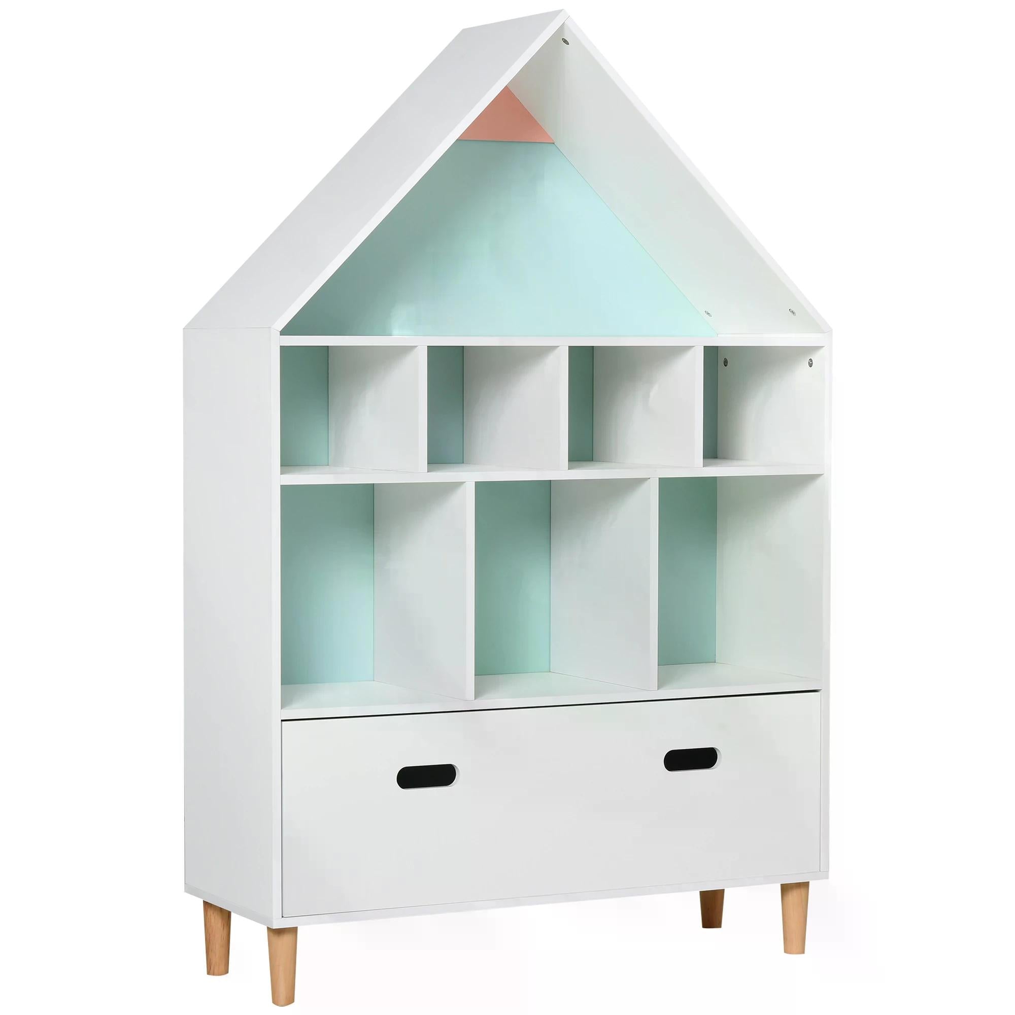 HOMCOM Kids House-Designed Bookshelf, with Drawer – Blue & White 