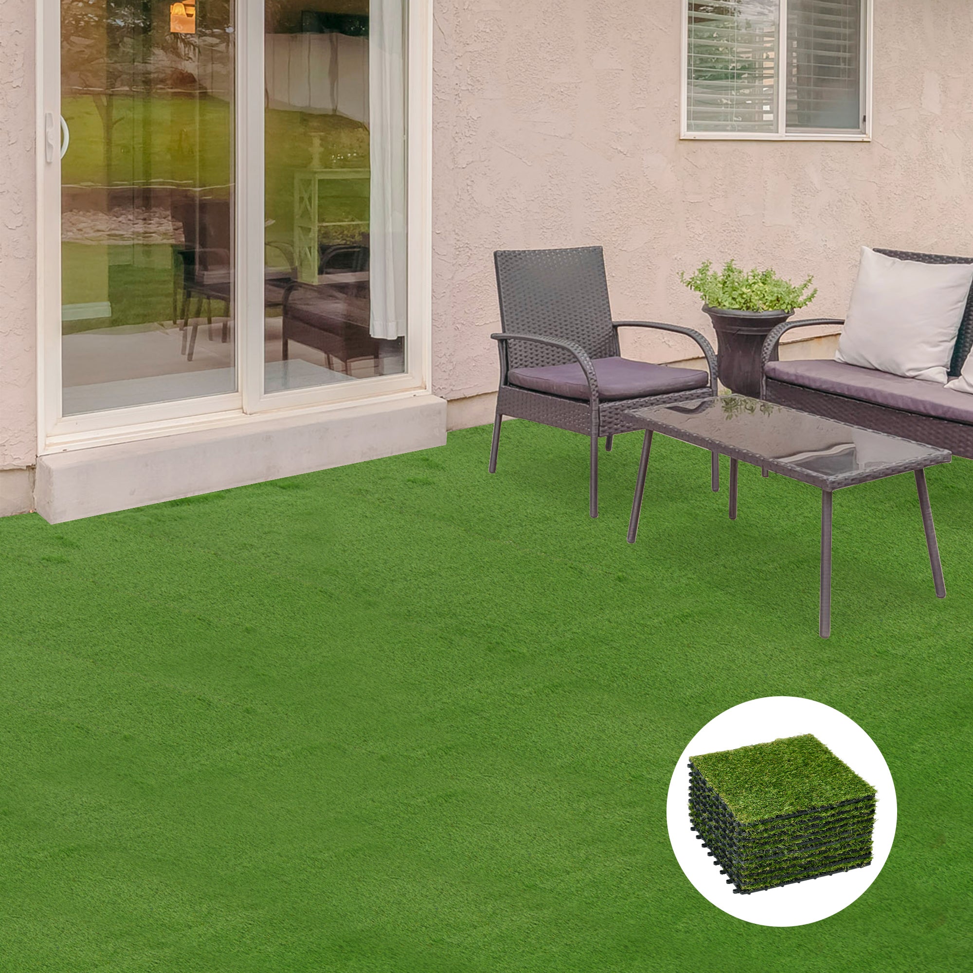 Outsunny 10-Piece Artificial Grass Set, Weatherproof Turf Tiles, 25mm Pile Height, Outdoor Carpet for Garden, Balcony & Patio, 30 x 30cm, Dark Green 