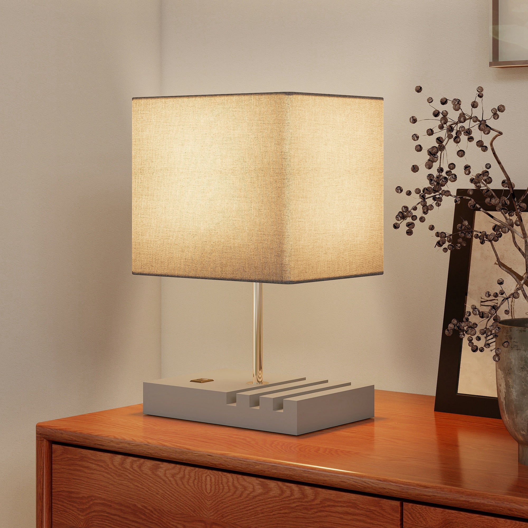 HOMCOM Bedside Lamp with USB A+C Charging Ports and 3 Phone Stands, Modern Table Lamp with Solid Wood Base and Fabric Shade for Bedroom Living Room Office, E27 Socket, Bulb Not Included, Grey 