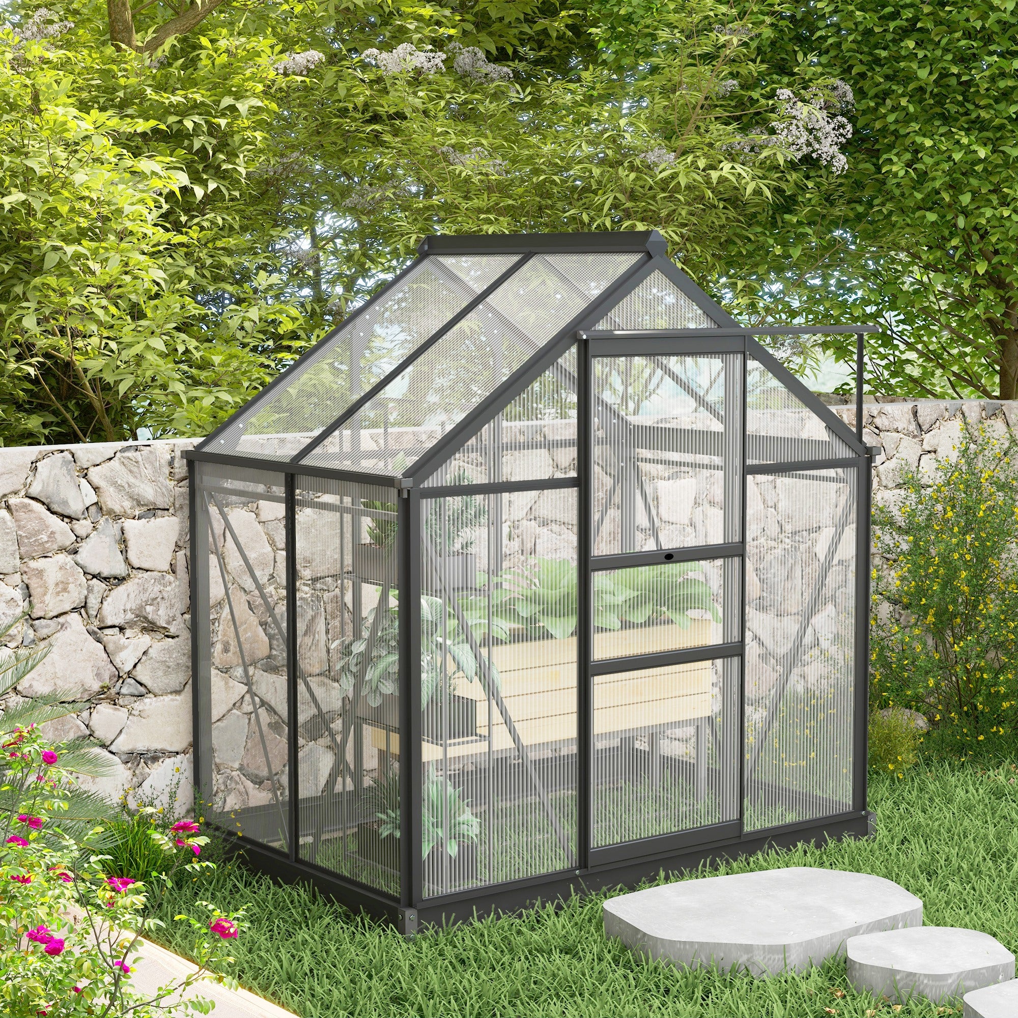 Outsunny 6 x 4ft Polycarbonate Greenhouse, Large Walk-In Green House with Slide Door and Window, Garden Plants Grow House with Aluminium Frame and Foundation, Grey 