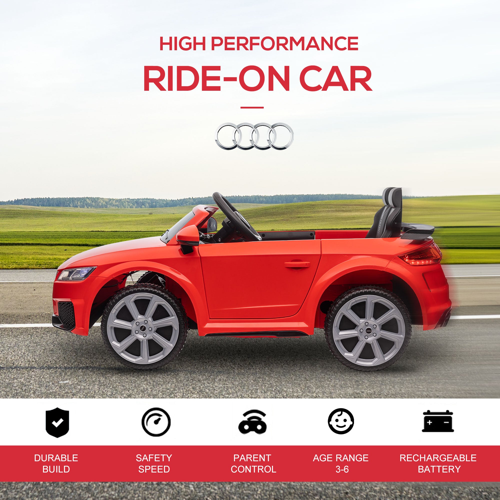 HOMCOM Kids Licensed Audi TT Ride-On Car 12V Battery w/ Remote Suspension Headlights and MP3 Player 3km/h Red 