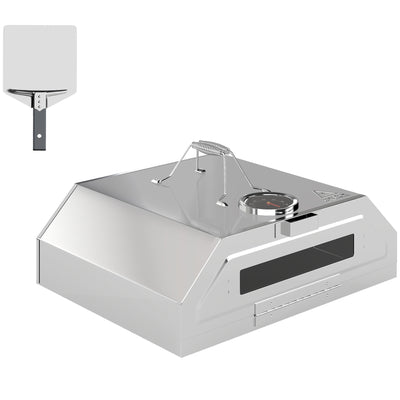 Outsunny 8 in Portable Stainless Steel BBQ Grill Top Pizza Oven with Built-in Thermometer and Viewing Window for Gas and Charcoal BBQ Grills, Includes Carry Handles, Pizza Stone and Peel, Silver Tone 