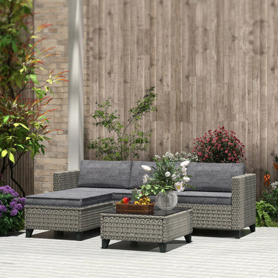 Outsunny 5-Piece Rattan Patio Furniture Set with Corner Sofa, Footstools, Coffee Table, for Poolside, Dark Grey 