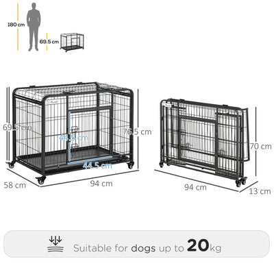 PawHut Metal Dog Cage Kennel Locking Door & Wheels Removable Tray Openable Top For Medium Pets 94 x 58 x 69.5 cm 