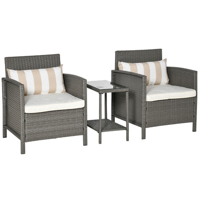 Outsunny 3 Pieces Rattan Bistro Set, Wicker Garden Furniture Set, Glass Top 2-tier Coffee Table and Chairs Set with Pillows and Washable Cushions for Outdoor, Patio, Balcony, Light Grey 
