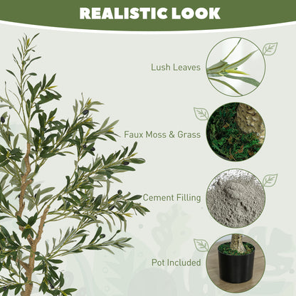 HOMCOM Set of 2 5ft/ 150cm Decorative Artificial Plant, Silk Olive Tree with 720 Leaves and 32 Olive Fruits in Pot, Fake Plant for Home, Office, Living Room, Indoor Decor
