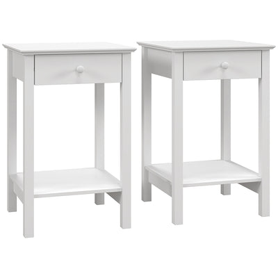 HOMCOM White Bedside Table, Wooden Side Table, Nightstand, Bedside Cabinet with Drawer and Storage Shelf for Bedroom and Living Room, Set of 2 