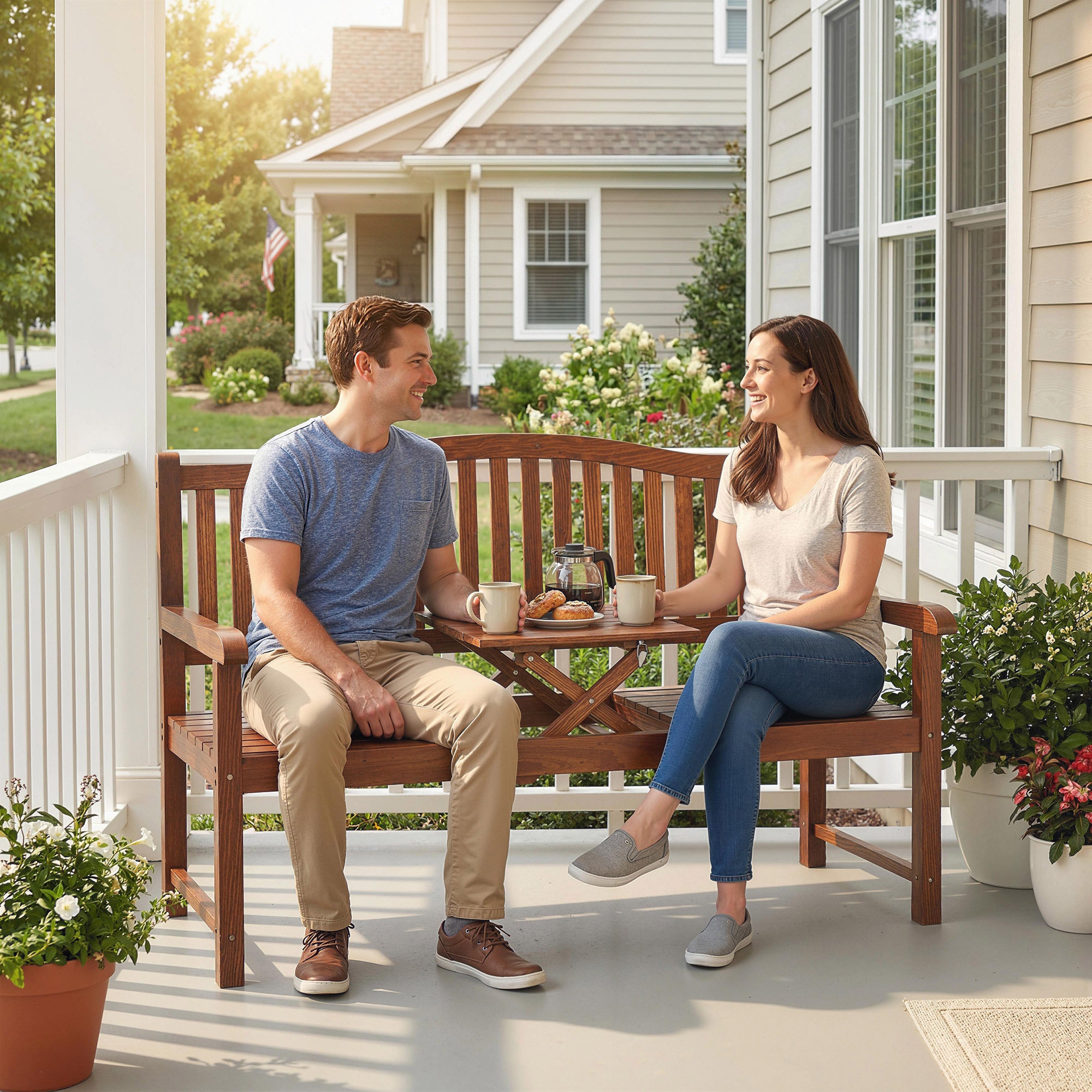 Outsunny Garden Loveseat Bench, 2-3 Seater Outdoor Bench with Liftable Table and Waterproof Cover, Light Brown 