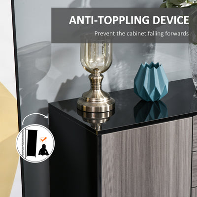 HOMCOM High Gloss Side Cabinet, Push-Open Design with 2 Drawers and 2 Cabinets for Living Room, 74H x 117W x 36Dcm, Light Grey and Black 