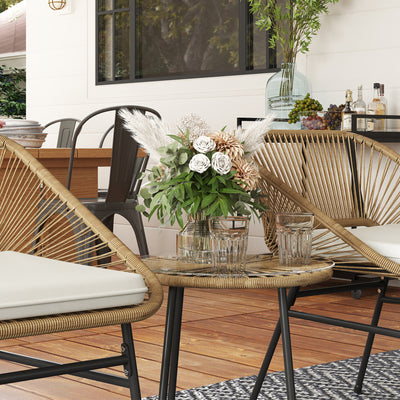 Outsunny 3 Pieces Rattan Bistro Set, Wicker Small Garden Table and Chairs Set with Cushions and Glass Top Coffee Table, Bistro Garden Furniture Set for Outdoor, Patio, Balcony, Natural 
