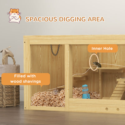 PawHut Wooden Hamster Cage with Water Bottle, Platforms, Openable Roof, Sliding Tray, Hut, Seesaws, Natural Wood Finish 