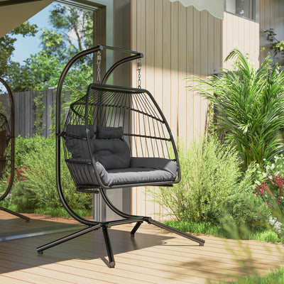 Outsunny Rattan Double Hanging Egg Chair with Stand, Foldable Wicker Swing Egg Chair with Cushion, Head Pillows, Steel Frame, Hammock Chair for Indoor Outdoor, Capacity 260 kg, Dark Grey 