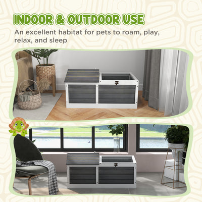 PawHut Wooden Tortoise House, Small Pet Reptile Shelter, with Hide Den and Run - Grey 