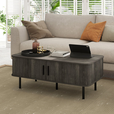 HOMCOM Coffee Table with Storage, Living Room Table with Slatted Tambour Sliding Doors and Foot Pads, Rectangular Coffee Table with Elevated Base for Living Room, Grey Wood-Effect 