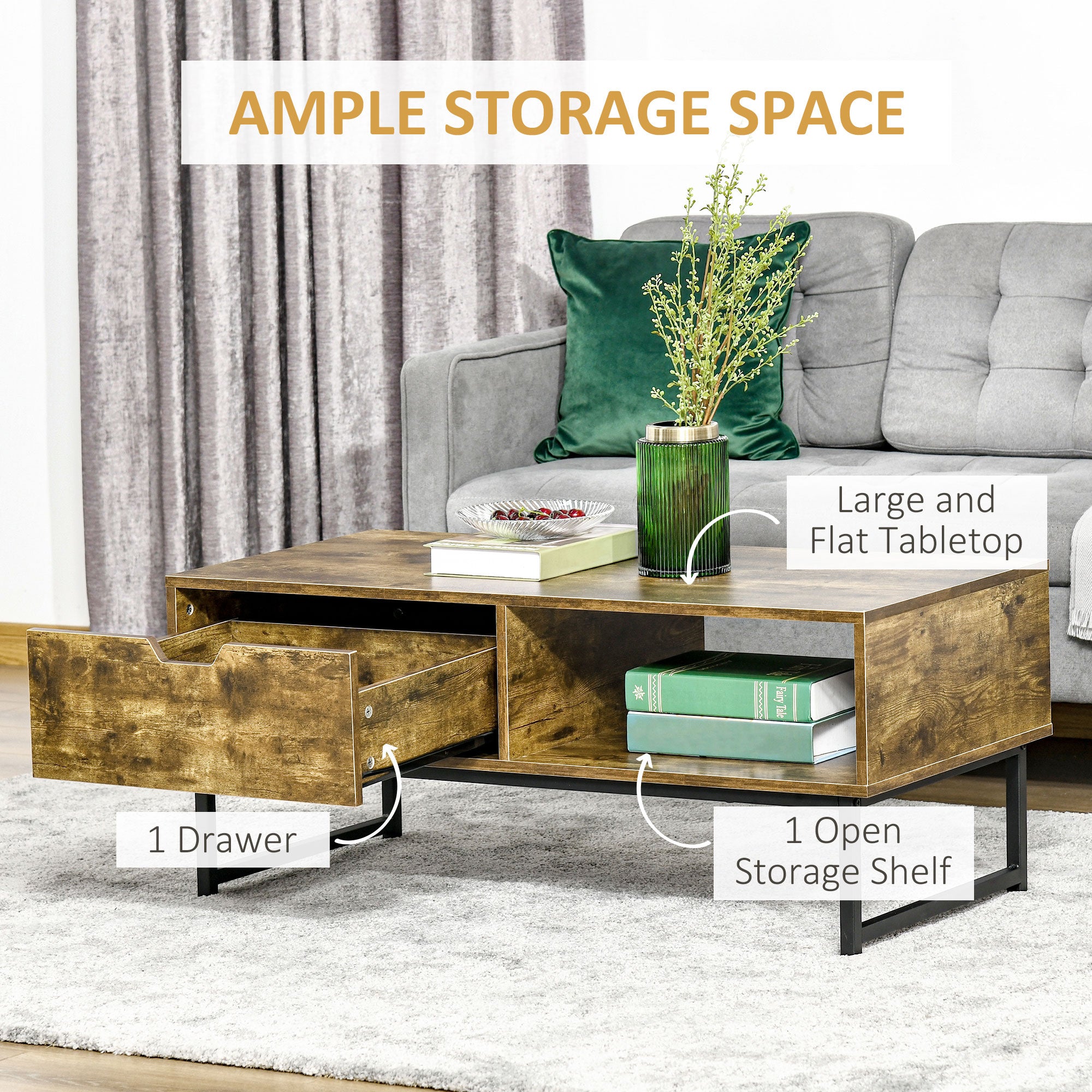 HOMCOM Industrial Coffee Table, Centre Table with Storage Shelf, Drawer and Metal Frame, Coffee Tables for Living Room, Office, 106W x 48D x 43H cm, Rustic Brown 