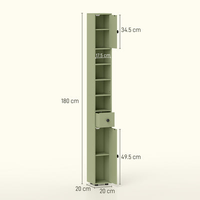 kleankin 180cm Slim Bathroom Cabinet, with Drawer, Shelves and Cupboards - Green 
