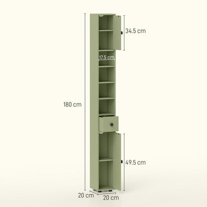 kleankin 180cm Slim Bathroom Cabinet, with Drawer, Shelves and Cupboards - Green