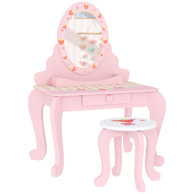 AIYAPLAY Kids Dressing Table Set, Vanity Table with Stool, Mirror, Drawer, Desktop Storage, Strawberry Theme, Pink 