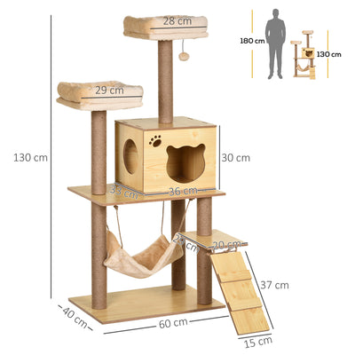 PawHut 130cm Cat Tree for Indoor Cats, Multi-Level Plush Cat Tower, with Five Scratching Posts, Two Perches, Cat House, Hammock 