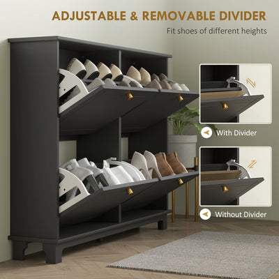 HOMCOM Narrow Shoe Storage Cabinet, Slim Shoe Cabinet with 4 Flip Drawers, Adjustable Shelves for 16 Pairs of Shoes, Black 