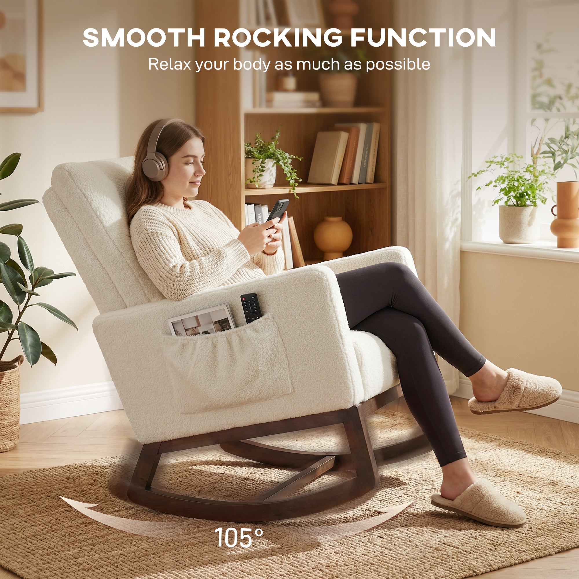 HOMCOM Rocking Chair for Adults, Lounge Rocker Chair with Lumbar Pillow, High Back, Wood Base, Side Pockets, Cream White 