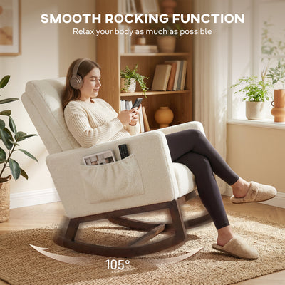 HOMCOM Rocking Chair for Adults, Lounge Rocker Chair with Lumbar Pillow, High Back, Wood Base, Side Pockets, Cream White 