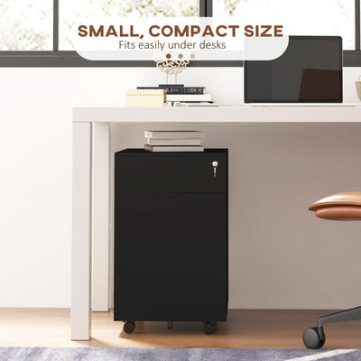 Vinsetto 3-Drawer Vertical Filing Cabinet with Pencil Tray, Lock and 5 Wheels, Steel Mobile File Cabinet, for A4, Legal and Letter Size, Pre-Assembled Body, Black 