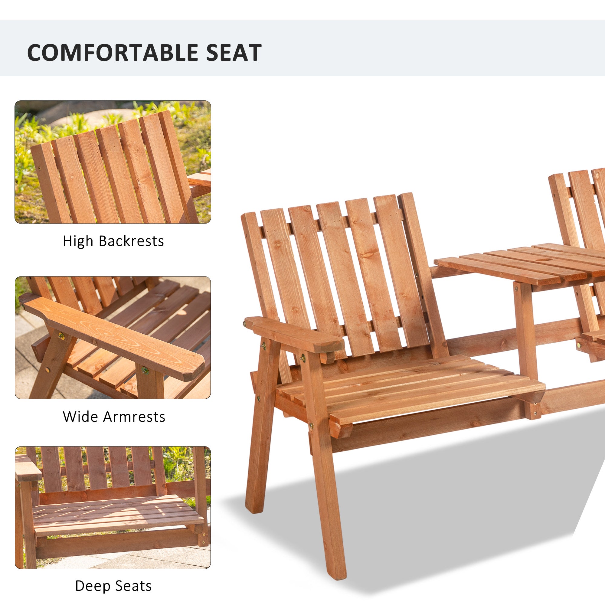 Outsunny 2-Seater Fir Wood Bench w/ Centre Table 
