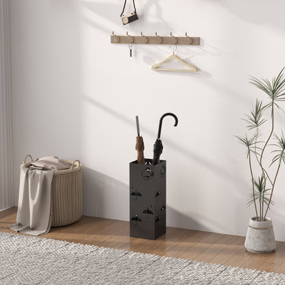 HOMCOM Metal Umbrella Stand, Square Umbrella Holder with Removable Drip Tray and 4 Hooks, Decorative Umbrella Storage Rack for Hallway, Entryway, 15.5 x 15.5 x 41 cm, Black 