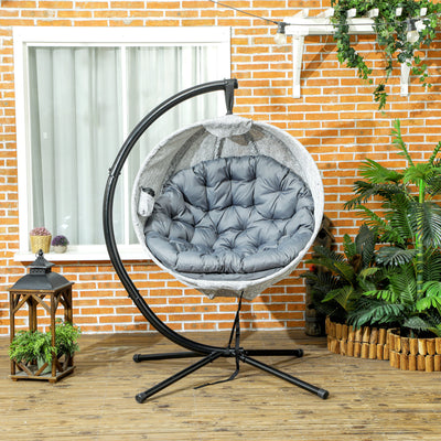Outsunny Hanging Egg Chair Outdoor Indoor Garden Swing Chair with Folding Basket, Garden Hanging Chair with Stand, Thickened Cushion, Cup Holder for Patio, Balcony, Grey 