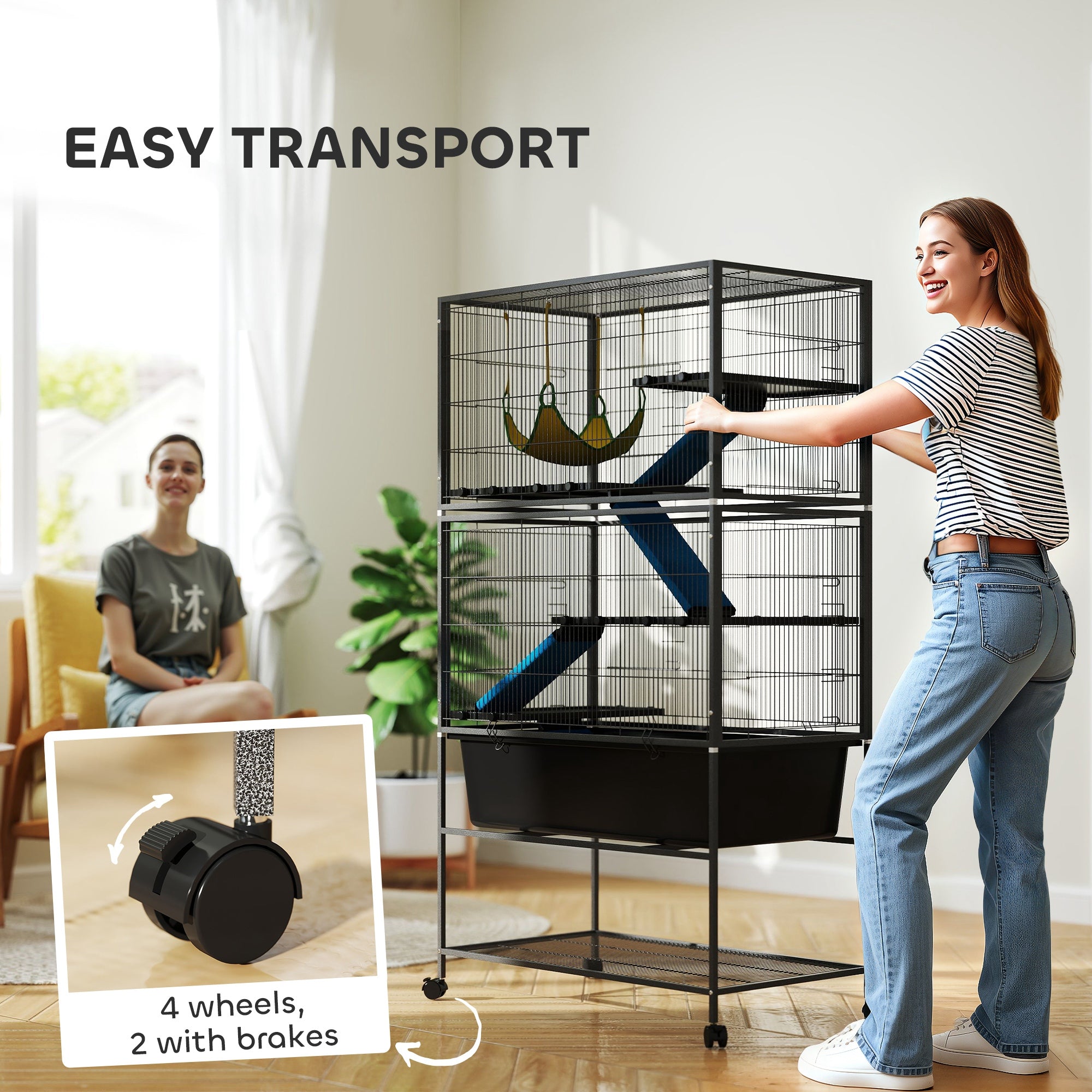 PawHut 5 Levels Rolling Small Animal Cage with Non Slip Ramps, Slide Out 16cm Deep Tray, 88 x 48 x 150.5cm, Dark Grey 