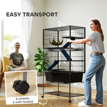 PawHut 5 Levels Rolling Small Animal Cage with Non Slip Ramps, Slide Out 16cm Deep Tray, 88 x 48 x 150.5cm, Dark Grey 