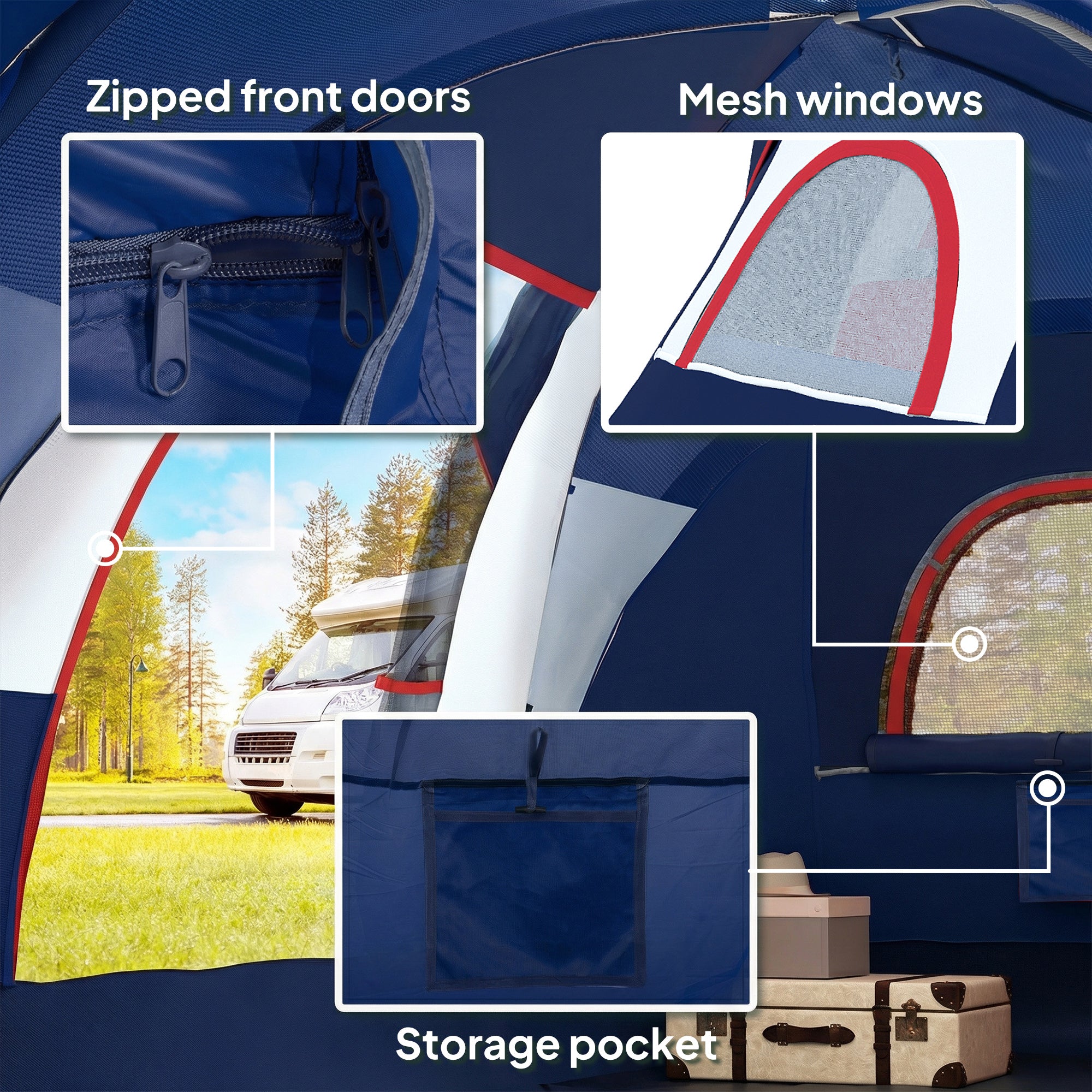 Outsunny 5-6 Man Camping Tent, Tunnel Tent, Water Resistant Hiking Shelter with Groundsheet and Carry Bag, Navy Blue 